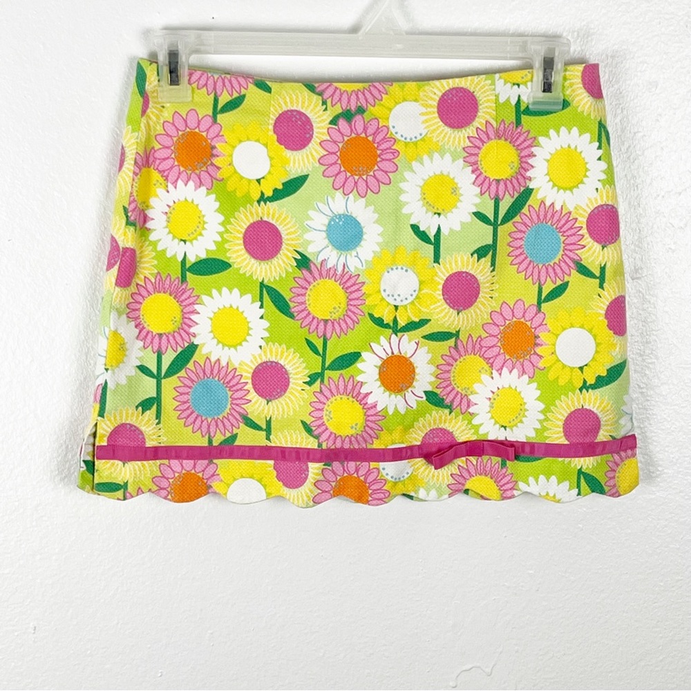 LILLY PULITZER Floral Print Ribbon Trim Scalloped Hem Mini Skirt Small Preppy